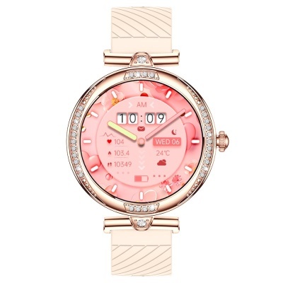Relógio inteligente rosa com bracelete bege e pedras brilhantes no aro.