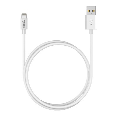 Cabo de carregamento branco USB para Lightning com texto ooQ.