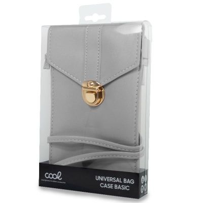 Bolsa universal para telemóvel cinza claro com fecho dourado em embalagem transparente