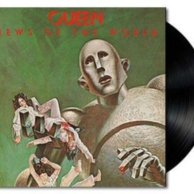 Capa de disco vinil com robô segurando pessoas e texto QUEEN NEWS OF THE WORLD em vermelho