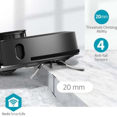 Robô aspirador preto numa superfície branca com texto informativo