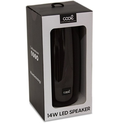 Coluna de som portátil preto em caixa preta e branca com janela transparente.