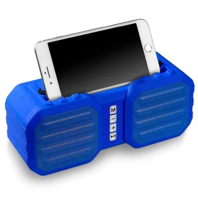 Coluna de som portátil azul com suporte para smartphone