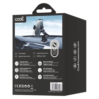 Embalagem de suporte para carro Cool com imagem do produto e texto informativo.