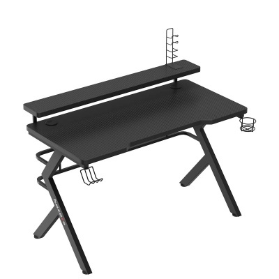 Secretária preta moderna com suporte para monitor, gancho para auscultadores e suporte para bebida