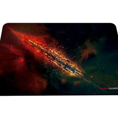Tapete de rato com design abstrato em tons vermelhos e verdes e texto MARS GAMING