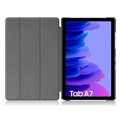 Tablet Samsung Tab A7 com capa cinzenta aberta e ecrã com fundo azul e roxo