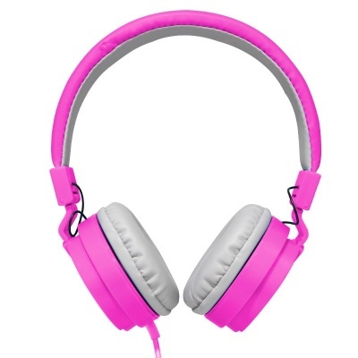 Auscultadores over-ear rosa com almofadas cinzentas