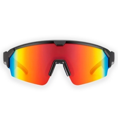 Óculos desportivos com lentes espelhadas vermelhas, amarelas e azuis e armação preta
