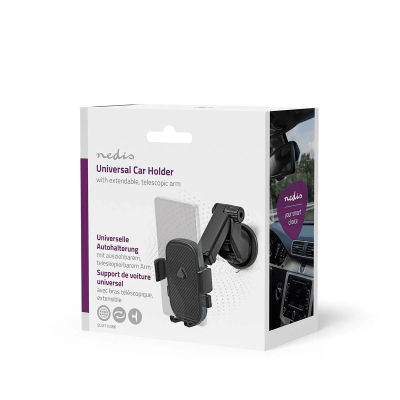 Caixa de suporte universal para carro branco com imagem do suporte preto e texto da marca nedis
