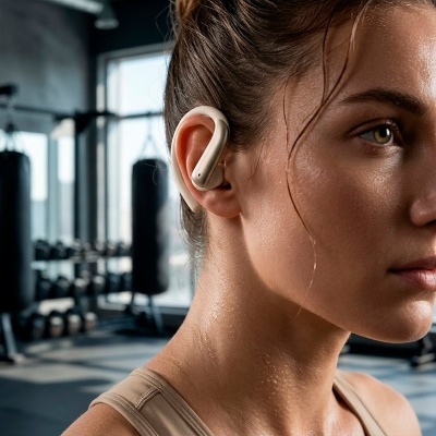 Auricular desportivo bege claro no ouvido de uma mulher num ginásio