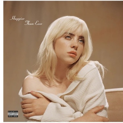 Capa de álbum com mulher loira e texto Happier Than Ever