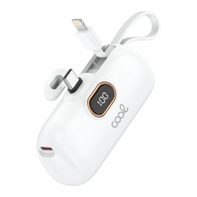 Power bank branco com visor digital e cabos integrados