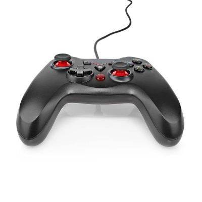 Comando de videojogos preto com detalhes vermelhos e botões coloridos.