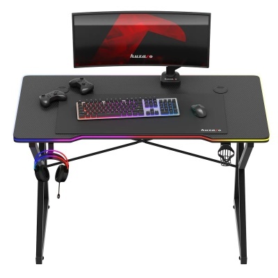 Secretária gaming com iluminação LED, teclado e rato, comandos e monitor curvo