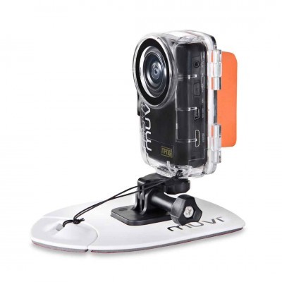 Câmara de ação preta em capa transparente montada em suporte branco com texto 'movi'