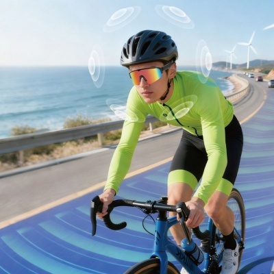 Ciclista com roupa verde fluorescente e capacete preto numa bicicleta azul na estrada costeira