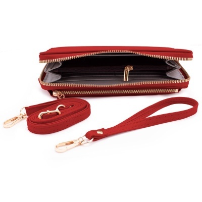 Carteira vermelha com zipper, interior e duas alças removíveis