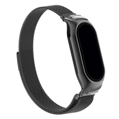 Pulseira inteligente com ecrã preto retangular e bracelete metálica preta