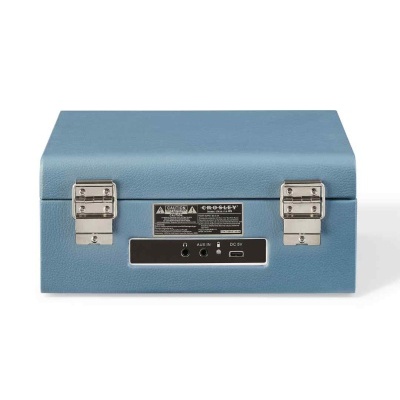 Fecho azul com fechos metálicos e entradas auxiliares de áudio