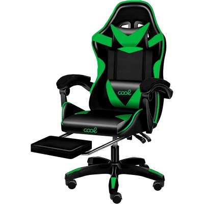 Cadeira gaming preta e verde com apoio para pés e almofadas anatómicas