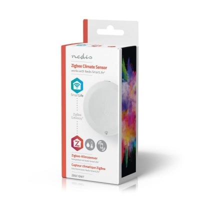 Embalagem de sensor de clima Zigbee da Nedis, branca com detalhes vermelhos e pretos