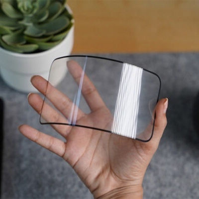 Lente curva transparente com moldura preta fina na mão, planta suculenta ao fundo