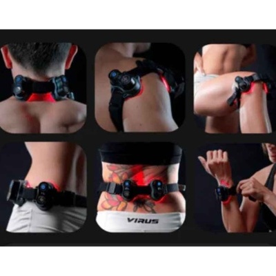 Dispositivos eletrónicos pretos ajustáveis com luzes vermelhas em várias partes do corpo humano