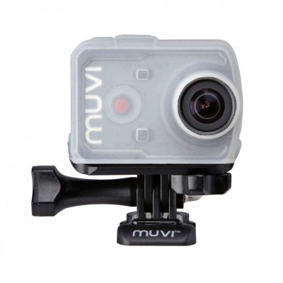 Câmara de ação cinza transparente com lente preta montada em suporte preto