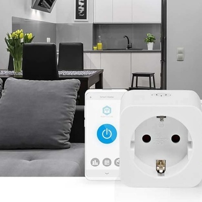 Tomadas inteligentes brancas em ambiente interior moderno com cozinha e sala de jantar