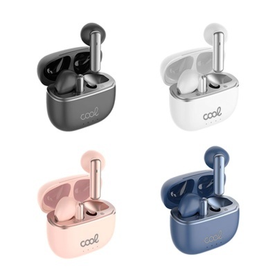 Auriculares sem fios em preto, branco, rosa e azul com estojo de carregamento 'cool'.