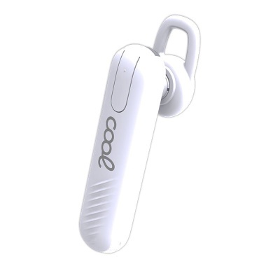 Auricular Bluetooth branco com clip para orelha e texto 'cooq'