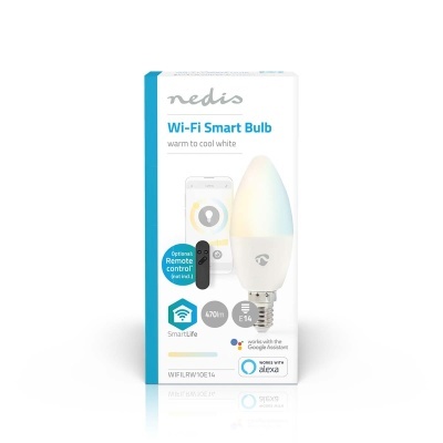 Embalagem de lâmpada inteligente Nedis Wi-Fi Smart Bulb branca formato vela