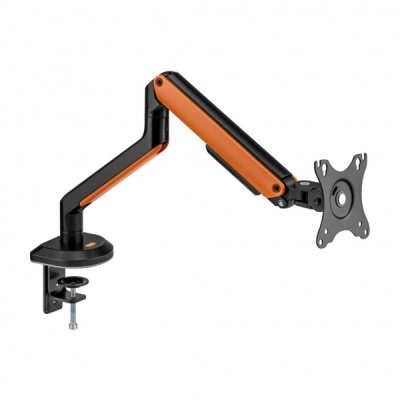 Suporte articulado preto e laranja para monitor com fixação de mesa