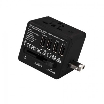Adaptador de tomada de viagem preto com quatro portas USB