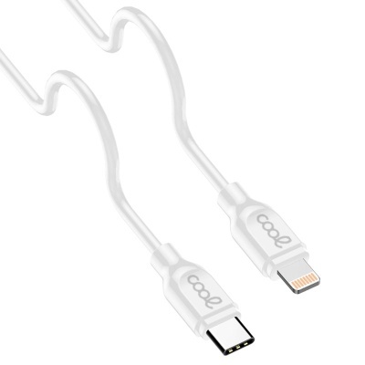 Cabo de carregamento USB branco com conetores USB-C e Lightning e a palavra 