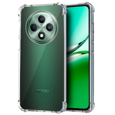 Smartphone OPPO verde com capa transparente e quatro câmaras traseiras em círculo