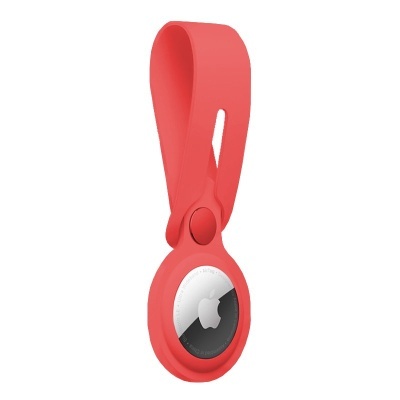 Suporte para Apple AirTag em silicone vermelho com logótipo da Apple.