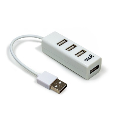 Hub USB branco com quatro portas e cabo curto, com texto 'cool'