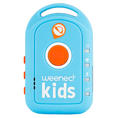 Dispositivo azul weenect kids com botão SOS laranja e ícones de controle