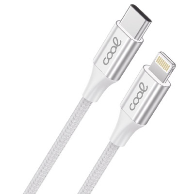 Cabo de carregamento branco USB-C para Lightning com inscrição COOL