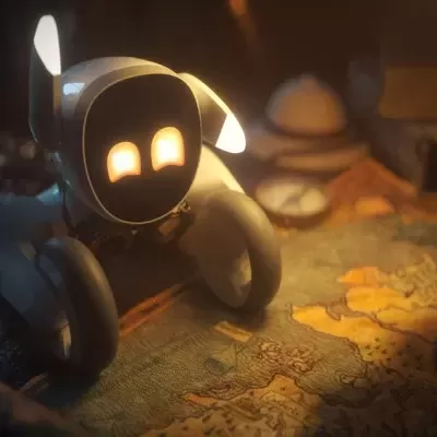 Robô futurista com olhos iluminados em mesa com mapa antigo