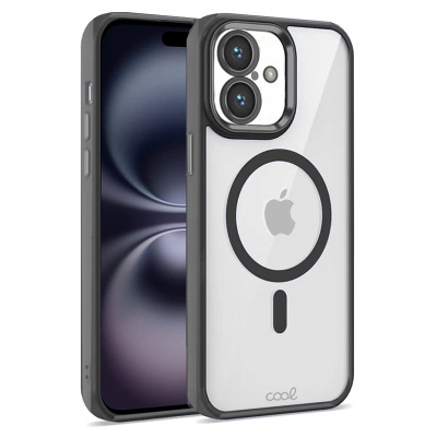 Capa protetora transparente para smartphone com bordas pretas e símbolo MagSafe.