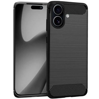 Smartphone preto com capinha cinza escuro texturizada e duas câmeras traseiras