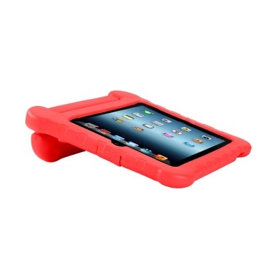 Tablet com suporte acolchoado vermelho em fundo branco