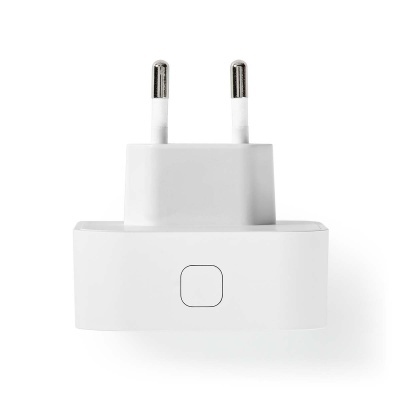 Adaptador de tomada branco com duas lâminas redondas e botão quadrado