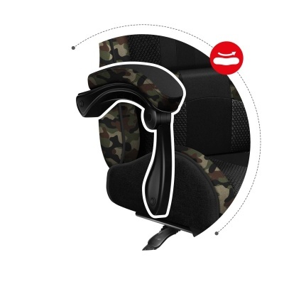Braço de cadeira de escritório preta com padrão camuflado e textura acolchoada