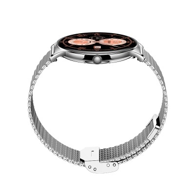 Relógio de pulso metálico prateado com mostrador preto e cor-de-rosa