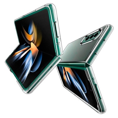 Smartphone dobrável verde metálico aberto em dois ângulos com ecrãs ligados