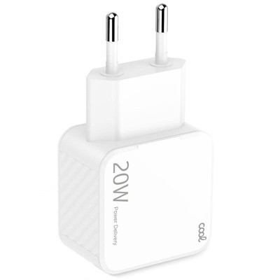 Carregador de parede branco com fichas de metal e texto 20W Power Delivery